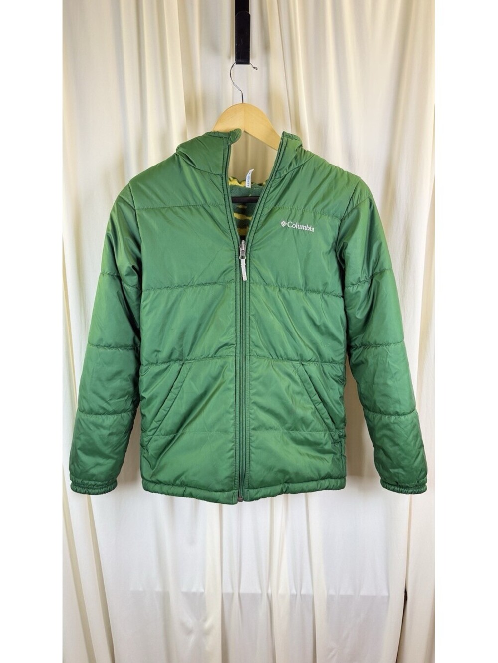 Columbia Boys Reversible Puffer Jacket Hooded Green Camo Insulated Coat XL READ